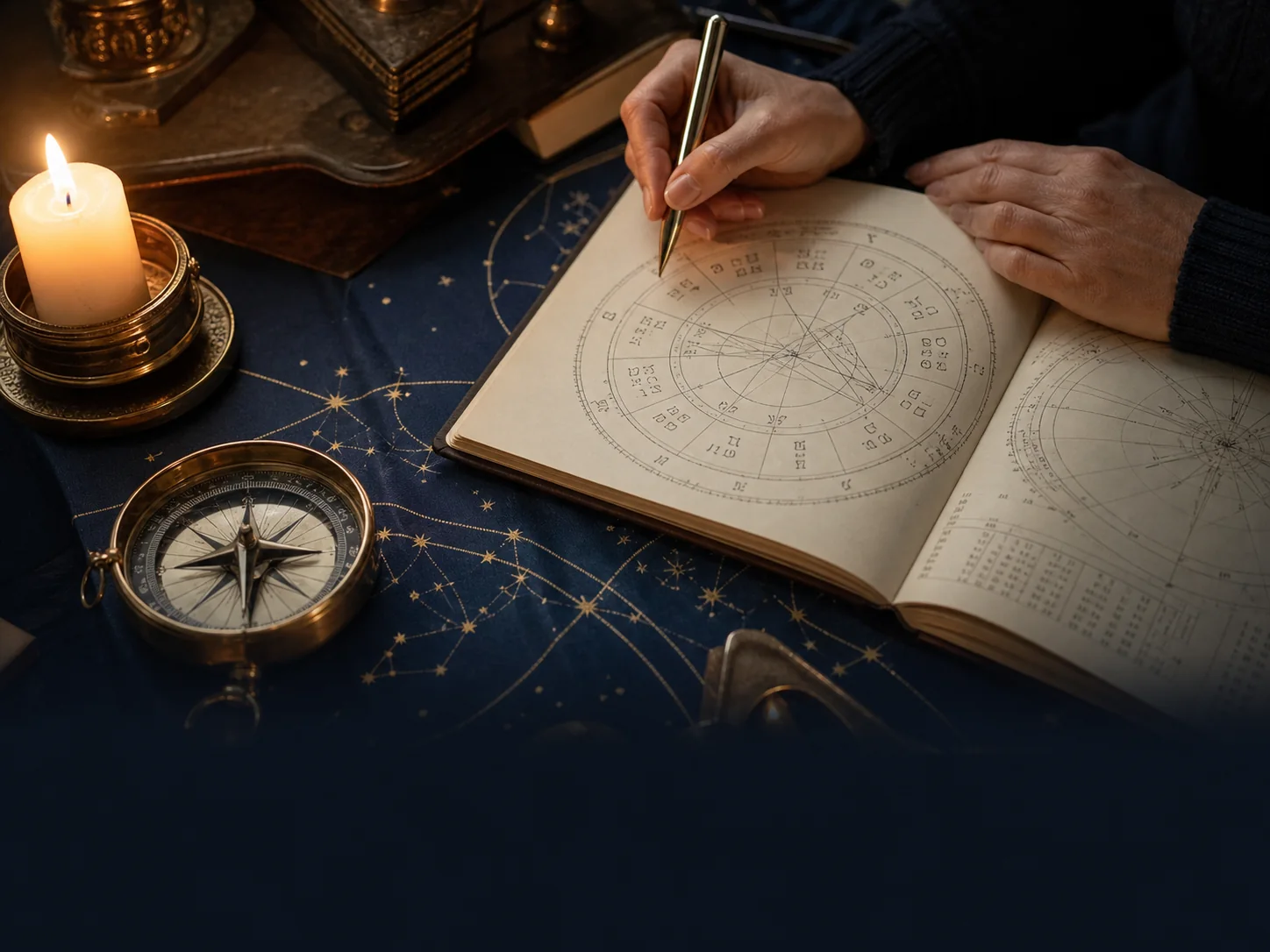 Edler Astrologie-Schreibtisch mit Horoskop, Kerze und goldenen Details